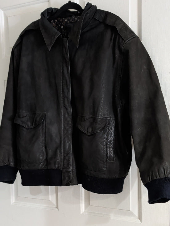 Vintage Black Leather Bomber Jacket with Ribbed Cuffs Men's XL