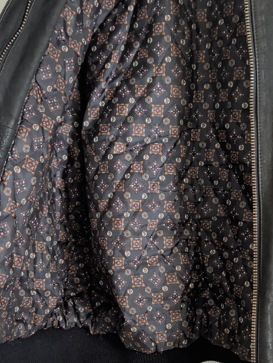 Vintage Black Leather Bomber Jacket with Ribbed Cuffs Men's XL