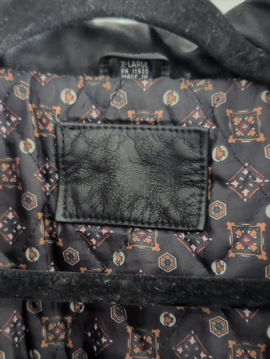 Vintage Black Leather Bomber Jacket with Ribbed Cuffs Men's XL