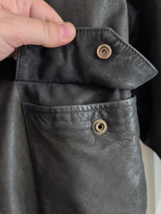 Vintage Black Leather Bomber Jacket with Ribbed Cuffs Men's XL