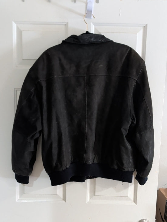 Vintage Black Leather Bomber Jacket with Ribbed Cuffs Men's XL