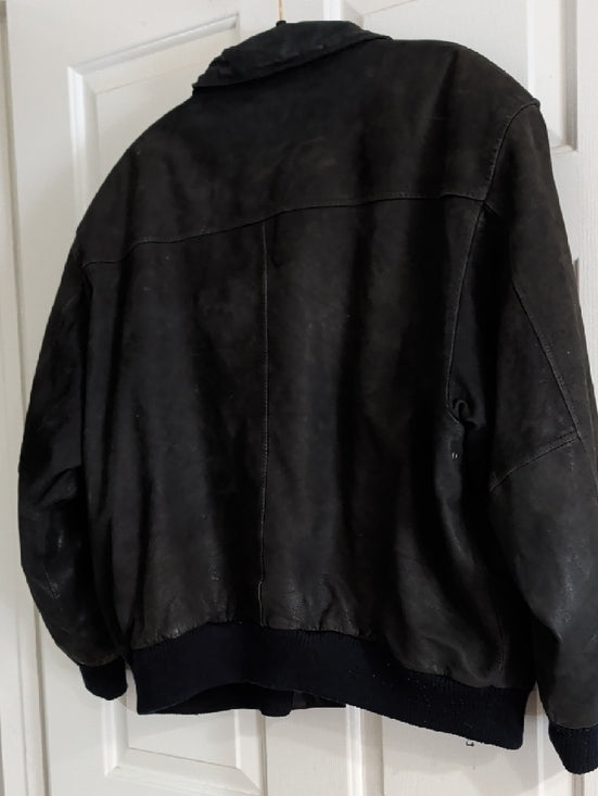Vintage Black Leather Bomber Jacket with Ribbed Cuffs Men's XL