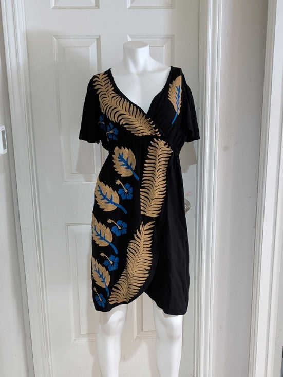 Pink and Silver Black Floral Embroidered Wrap Midi Dress Women's Medium