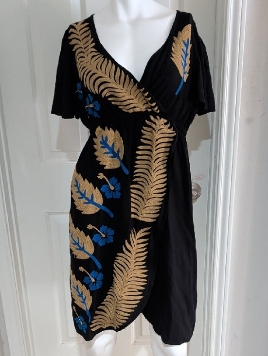 Pink and Silver Black Floral Embroidered Wrap Midi Dress Women's Medium