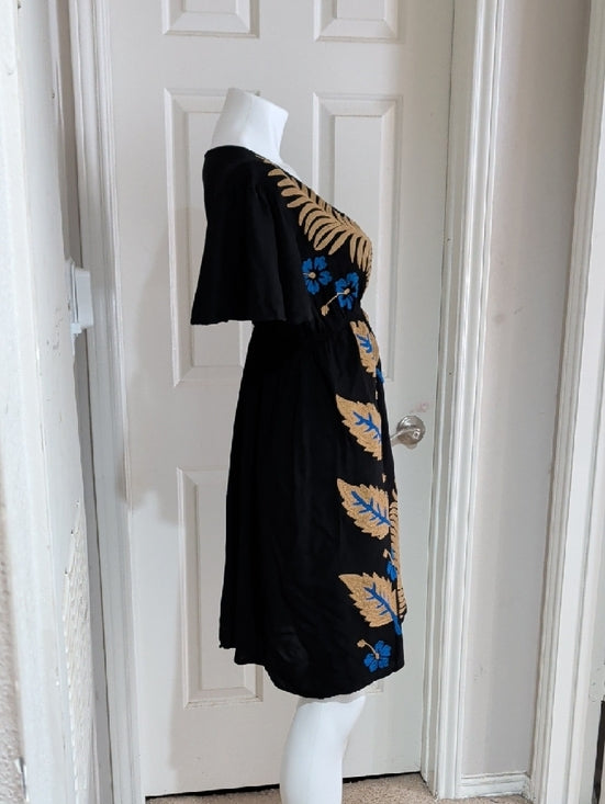 Pink and Silver Black Floral Embroidered Wrap Midi Dress Women's Medium