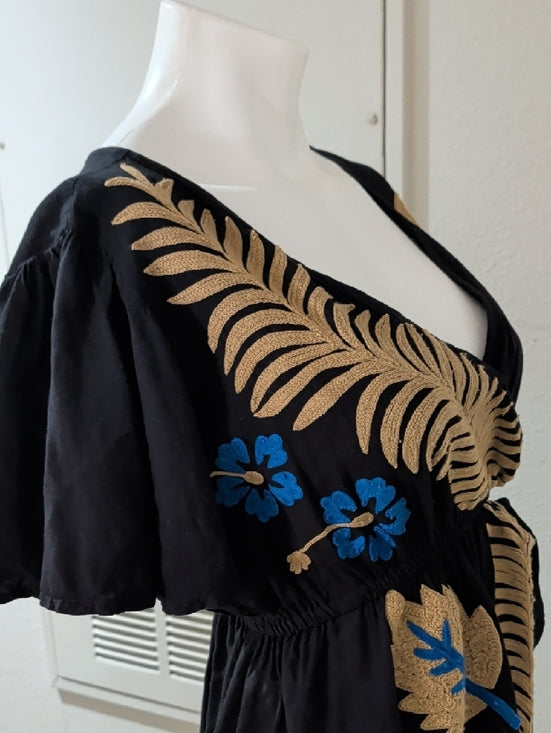 Pink and Silver Black Floral Embroidered Wrap Midi Dress Women's Medium