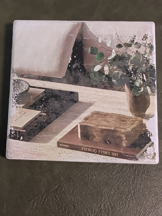 Decorative Canvas Art Handmade Coaster - Neutral Still Life with Eucalyptus MCM