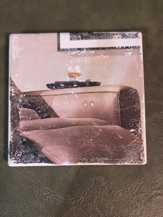 Vintage Style Brown Leather Sofa Tile Coaster MCM Handcrafted
