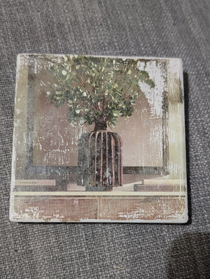 Rustic Vase Art Print Tile Coaster with Greenery Handcrafted