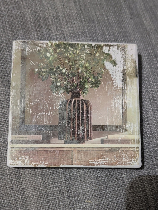 Rustic Vase Art Print Tile Coaster with Greenery Handcrafted