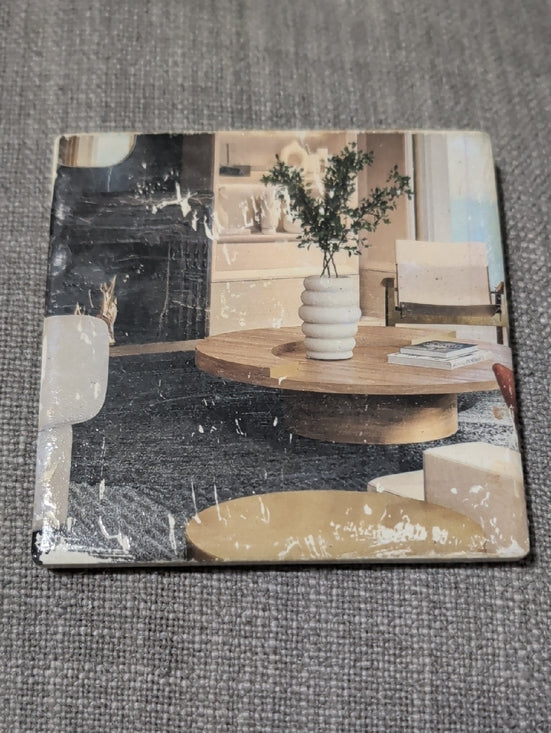 Neutral Living Room Decorative Art Tile Coaster with White Vase Accent Handmade
