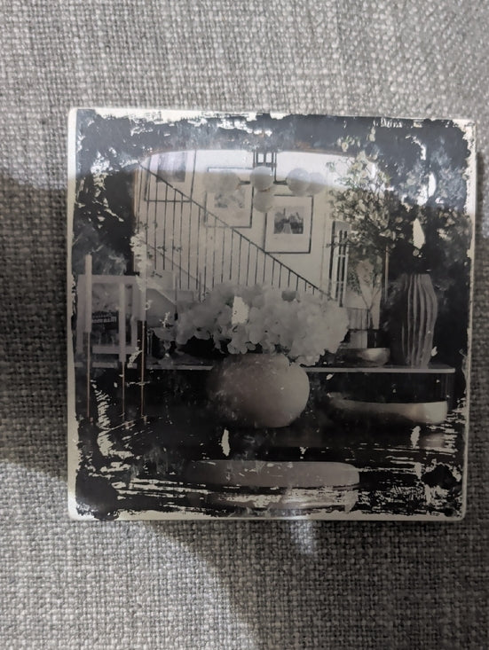 Black & White Decorative Photo Square Coaster - Floral Still Life Handcrafted