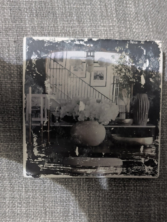 Black & White Decorative Photo Square Coaster - Floral Still Life Handcrafted