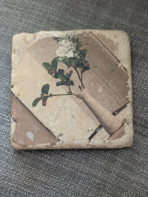 Vintage Botanical Stone Coaster with Potted Plant Image - Handcrafted
