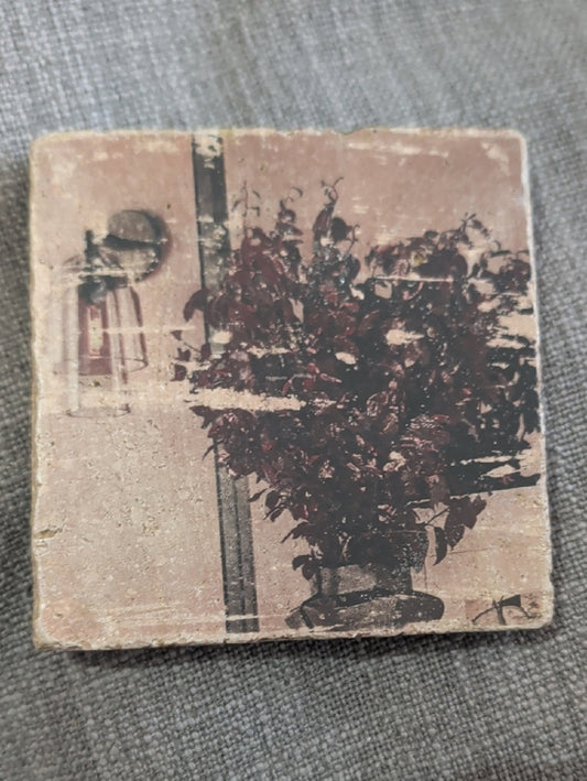 Vintage Style Botanical Stone Coaster - Burgundy Plant Print Handcrafted