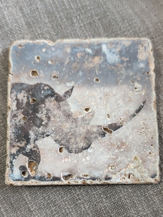 Rustic Trivet Coaster with Rhino Silhouette - Neutral Tones Handcrafted
