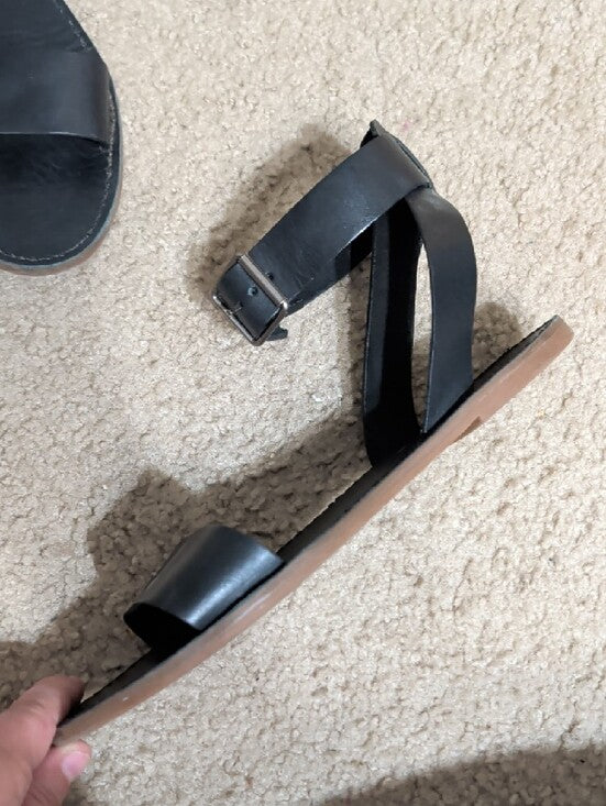 Madewell Black Leather Ankle-Tie Flat Sandals Women's 9