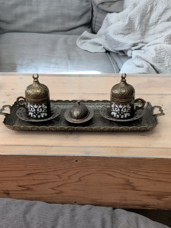 Ornate Antique-Style Brass Turkish Coffee Cup Set with Tray