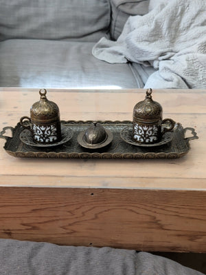 Ornate Antique-Style Brass Turkish Coffee Cup Set with Tray