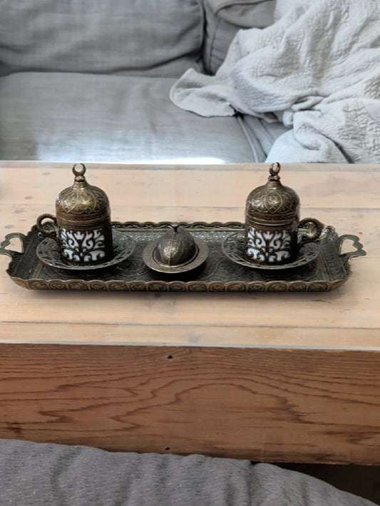 Ornate Antique-Style Brass Turkish Coffee Cup Set with Tray