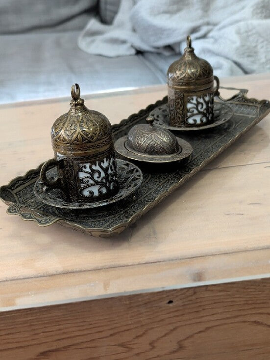 Ornate Antique-Style Brass Turkish Coffee Cup Set with Tray