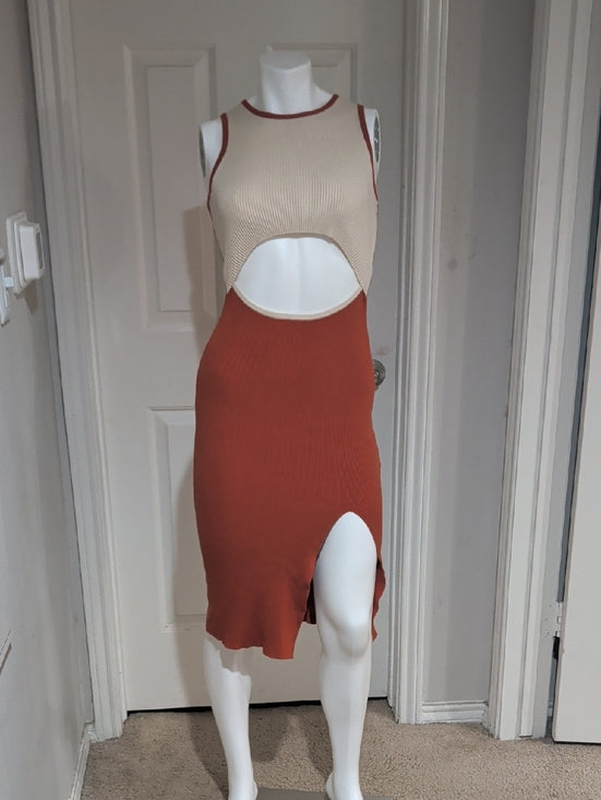Vintage Sleeveless Cutout Midi Dress in Brunt orange and Cream XS
