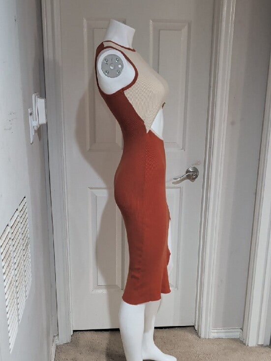 Vintage Sleeveless Cutout Midi Dress in Brunt orange and Cream XS
