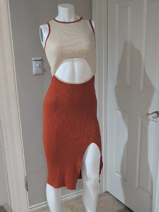 Vintage Sleeveless Cutout Midi Dress in Brunt orange and Cream XS
