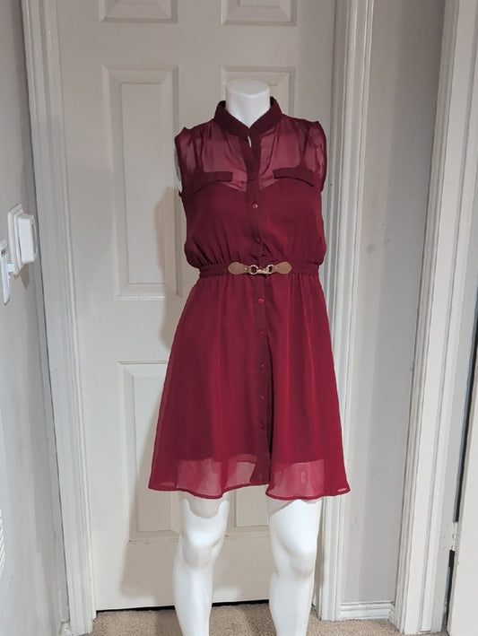 Vintage Sleeveless Burgundy Button-Front Mini Dress with Belt Women's S