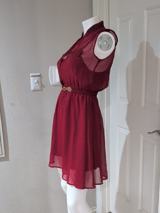 Vintage Sleeveless Burgundy Button-Front Mini Dress with Belt Women's S