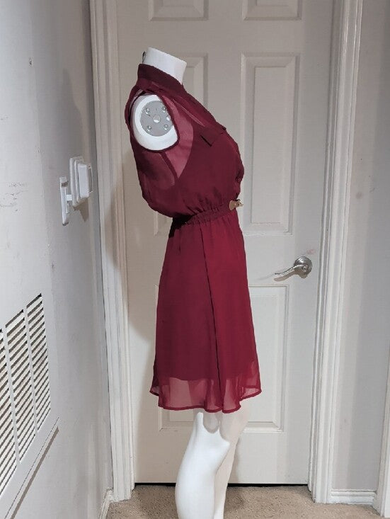 Vintage Sleeveless Burgundy Button-Front Mini Dress with Belt Women's S