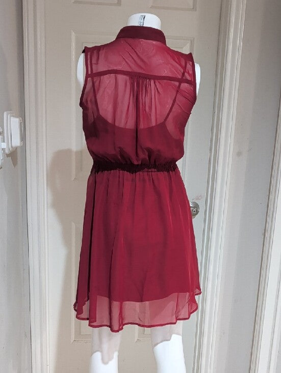 Vintage Sleeveless Burgundy Button-Front Mini Dress with Belt Women's S