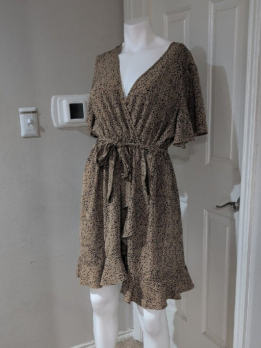 Wrap Front Tan & Black Dot Print Dress With Belt Women's XL