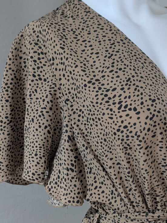 Wrap Front Tan & Black Dot Print Dress With Belt Women's XL