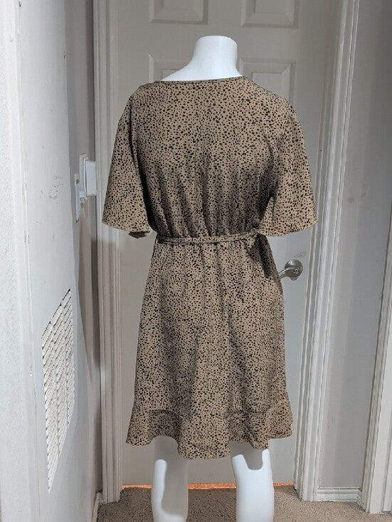 Wrap Front Tan & Black Dot Print Dress With Belt Women's XL