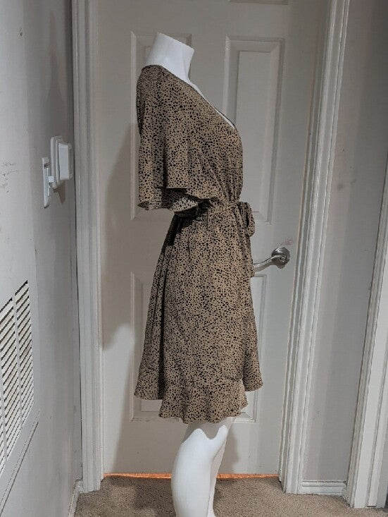 Wrap Front Tan & Black Dot Print Dress With Belt Women's XL