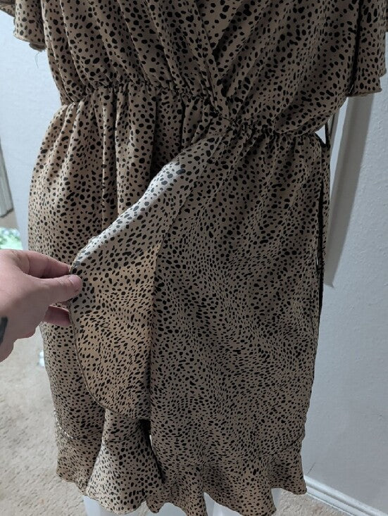 Wrap Front Tan & Black Dot Print Dress With Belt Women's XL