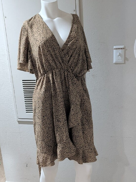 Wrap Front Tan & Black Dot Print Dress With Belt Women's XL
