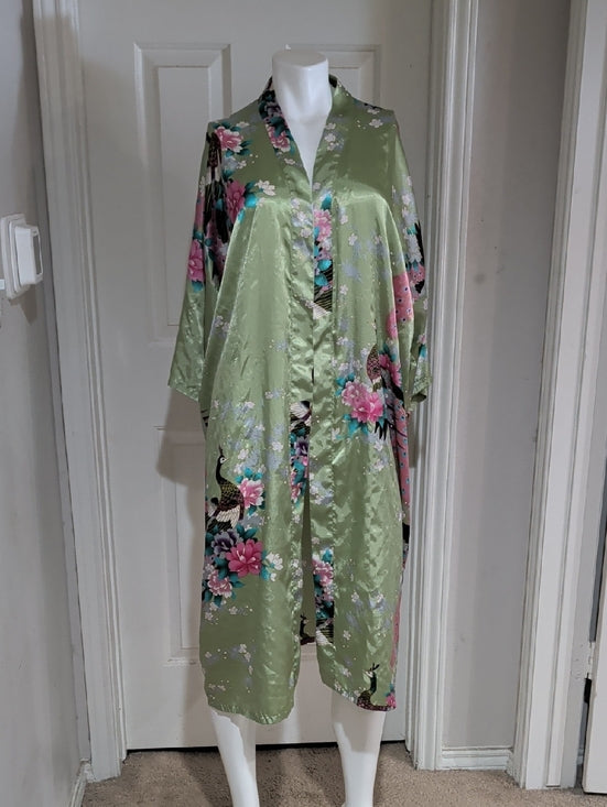 Green Satin Floral & Crane Kimono Robe OS