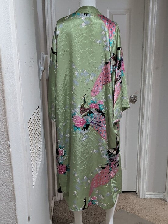 Green Satin Floral & Crane Kimono Robe OS