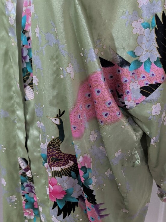 Green Satin Floral & Crane Kimono Robe OS