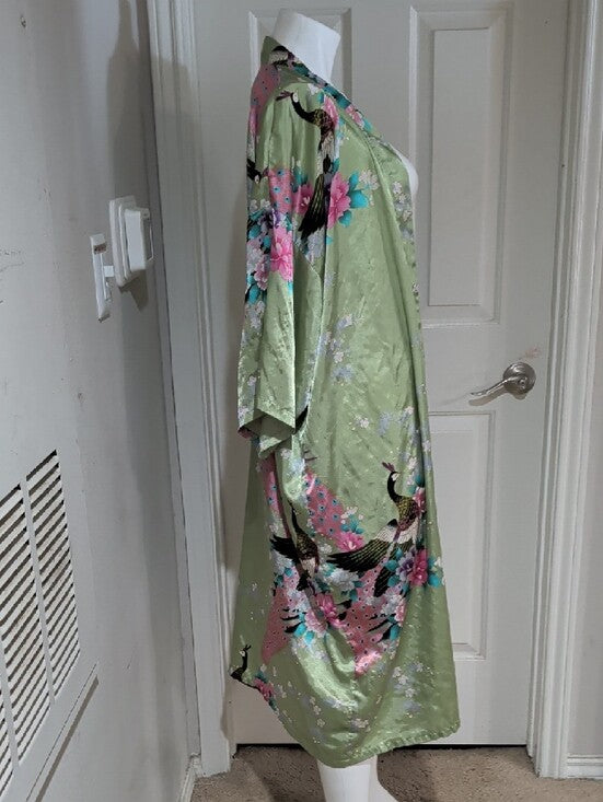 Green Satin Floral & Crane Kimono Robe OS