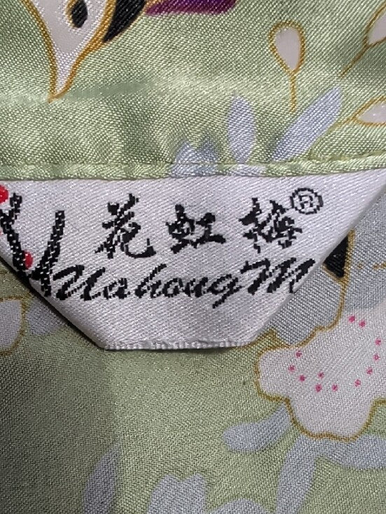 Green Satin Floral & Crane Kimono Robe OS