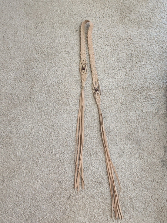 Braided Faux Leather Fringe Belt in Beige