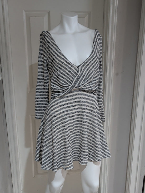 Free People Striped V-Neck Long Sleeve Skater Dress in Black and White Women's M