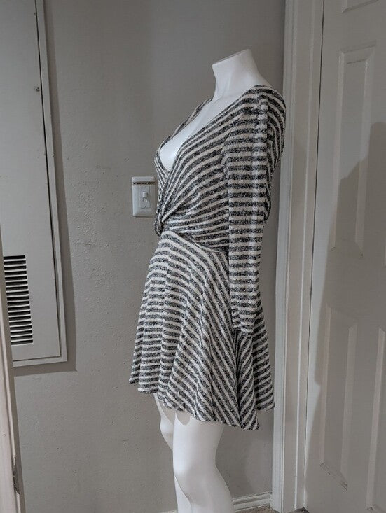 Free People Striped V-Neck Long Sleeve Skater Dress in Black and White Women's M