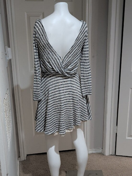 Free People Striped V-Neck Long Sleeve Skater Dress in Black and White Women's M