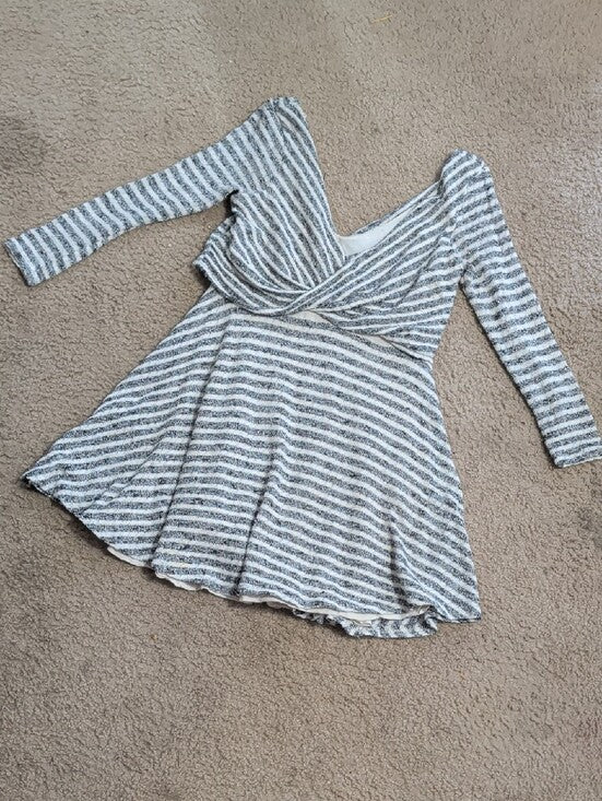 Free People Striped V-Neck Long Sleeve Skater Dress in Black and White Women's M