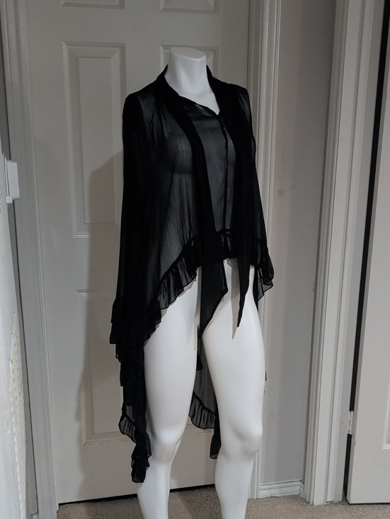 Vintage Sheer Black Ruffled Drape Cardigan Women's Large