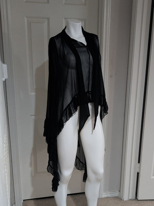 Vintage Sheer Black Ruffled Drape Cardigan Women's Large